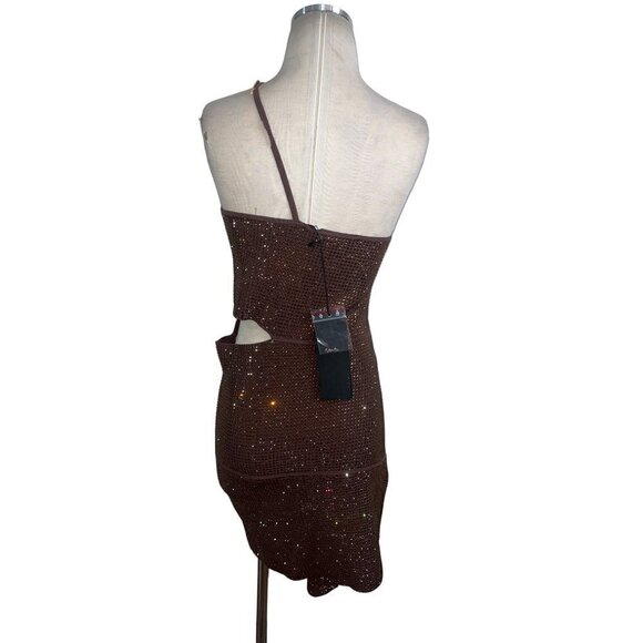 ANDREADAMO Full Strass Mono Shoulder Mini Dress in Brown Large New Womens - Picture 8 of 11